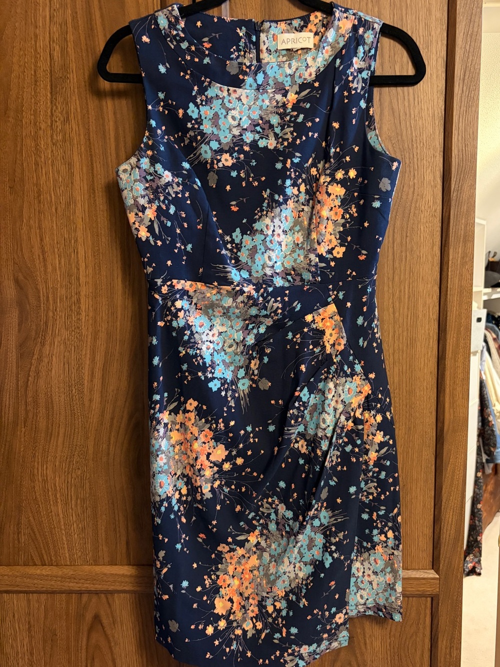 APRICOT Navy Floral Midi Dress with Peach and Aqua Blooms